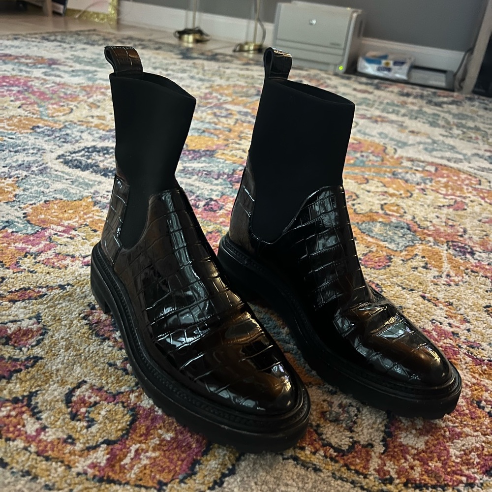 Loeffler Randall Black Croc-Embossed Chelsea Ankle Boots - Picture 4 of 5